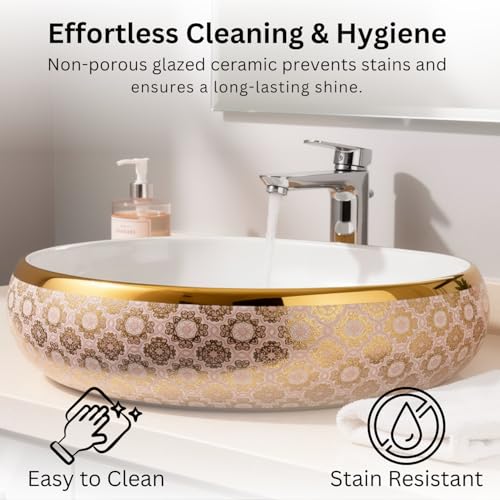 Image of Wallace Luxury Oval Table Top Wash Basin 60x40x15 cm | Blush Royale Gold Pattern Ceramic Countertop Vessel Sink | Premium Vanity Basin for Bathroom, Hotel & Modern Interiors