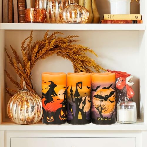 Image of Wondise Halloween Flameless Flickering Candles with 6hrs Timer, Battery Operated Candles with Halloween Decals Real Wax LED Pillar Candles for Halloween Home Table Decor (3 x 6 Inches), Orange