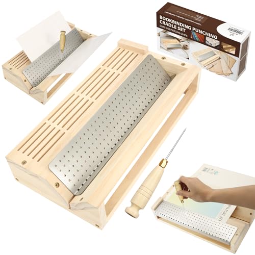 Bookbinding Punching Cradle Set Includes Dual-Use Piercing Guide with a Awl(Wooden-Handled) - Signature Holes Punch for Books Cover Journal Mini Albums Notebooks DIY Crafts
