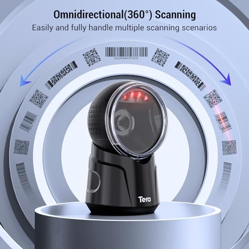 Image of Tera Barcode Scanner Desktop Omnidirectional: 1D 2D QR Hands Free USB Wired Bar Code Reader Adjustable Scan Head Plug and Play for POS Supermarket Retail Store Mobile Payment Model 9000