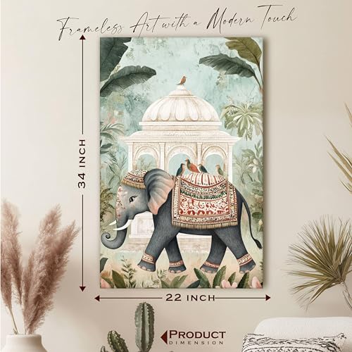 Image of PAINTINGMANTRA Abstract Stretched Canvas Multicolor Wall Art Painting Elephant and Mughal Garden Classic Indian Beautiful Wall Decor in Green, Blue and White for Living Room, Bedroom - 22x34 Inch