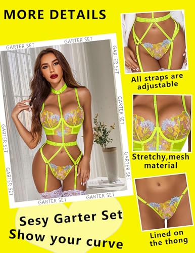 Image of Avidlove Garter Lingerie Sets for Women Sexy with Removable Choker Floral Embroidered Underwire Lingerie (No Stockings)