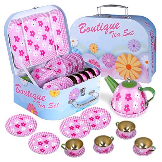 INNOCHEER Pretend Tea Party Set for Little Girls, Toy Pretend Play Kitchen Metal Tea Set 15 Pieces Including Play Tea Pot, Tea Cups, Plates & Saucers, Tray and A Pink Flower Carry Case
