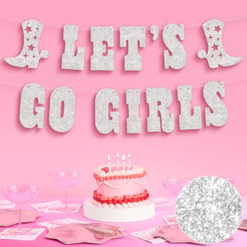 xo Fetti Lets Go Girls Glitter Banner - Silver 5 Ft. | Bachelorette Party Decorations Cowgirl Birthday Last Rodeo Backdrop Nashville Cow Rodeo Theme