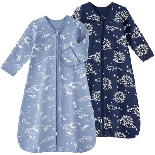 Image of FIEMOL Baby Sleep Sack 0-6 Months, Long Sleeve Baby Wearable Blanket 0.5 Tog with Mittens, 2-Way Zipper Newborn Cotton Sleeping Sack for Boy and Girl Blue Stars 2 Pack (Small)