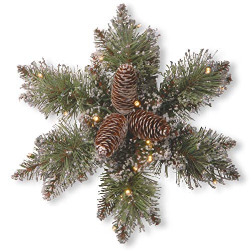 National Tree Company lit Artificial Christmas Star-Shaped Wreath Includes Pre-strung White LED Lights Glittery Bristle Pine-14 Inch