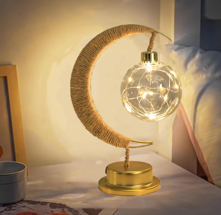 LED Moon Lamp,Decorative Ramadan Light,Battery Operated or Usb Powered Enchanted Lunar Crescent Moon Light Nightstand Nursery Table Lamps for Room Ramadan Decorations（Gold Base+Round Ball） — image 1