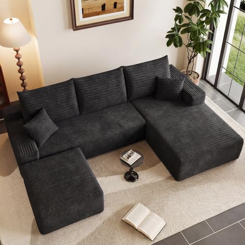 Image of 95 inch Boneless Cloud Couch Sectional Couches Sofa for Living Room | Modular U-Shaped Couch, Comfy Modern Corduroy Memory Foam Sofas with Ottoman, Oversized Chaise (Black, Right-Facing Chaise)