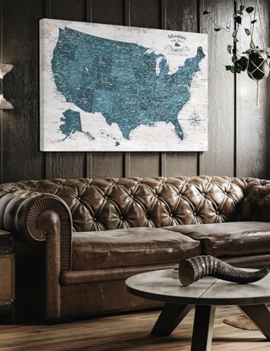 Image of IPIC - Large Vintage Teal USA Map Wall Art, Push Pin USA Map to Track Your Travels, Farmhouse Style Canvas Wall Decor for Home, Office, Living Room or RV, Ready to Hang, Made in USA