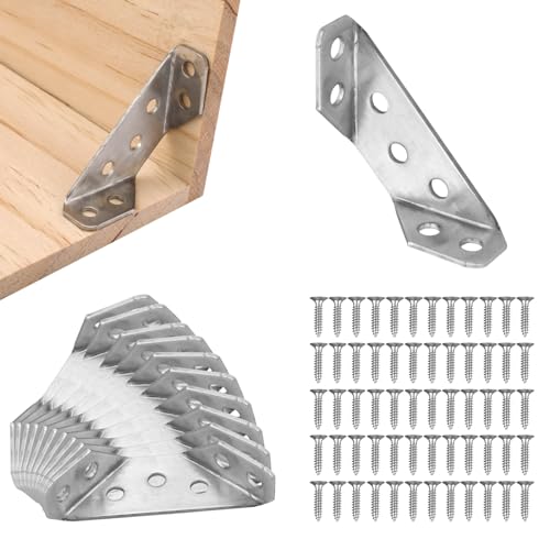 10 Pzs Soporte de Esquina, Acero Inoxidable Conectores de Esquina Muebles con 60 Tornillos de Hierro Marco de Soporte Triangular para Muebles Sujeción de Esquina para Gabinete Estante Mesa Silla