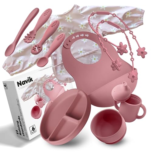 Navik | Juego vajilla bebe de silicona 12 piezas | Incluye plato ventosa dividido | vaso aprendizaje | cuchara | cuenco ventosa | +6 meses | rosa