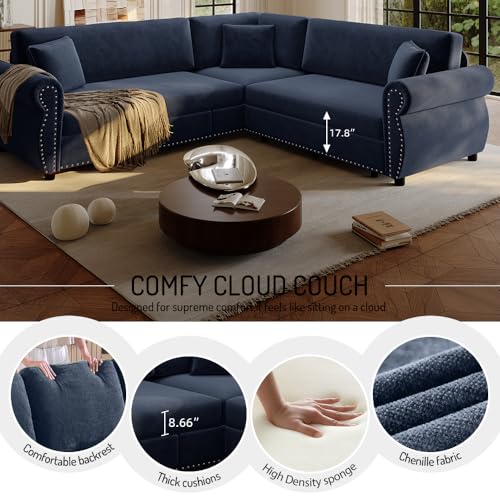 Image of KCGKCG 88.2 inch Sleeper Sofa Bed, Sectional Couches for Living Room /Apartment, Chenille L Shaped Couch with Pull Out Couch Bed, Convertible Sectional Sofa with Rolled Arm & Nailhead Trim, Blue