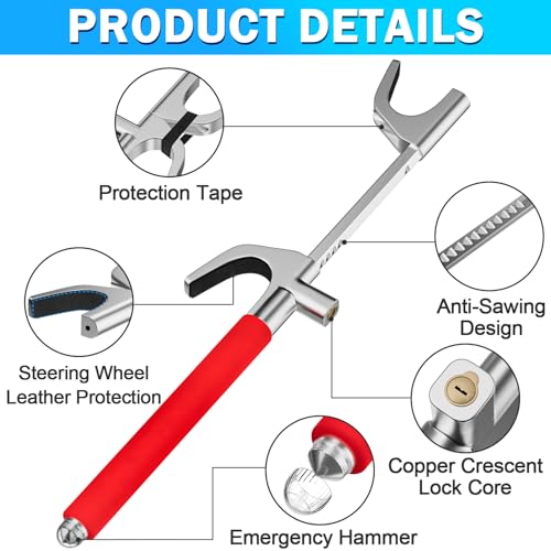 MONOJOY Universal Car Steering Wheel Lock, Antitheft Accessory with 3 Keys & Escape Hammer