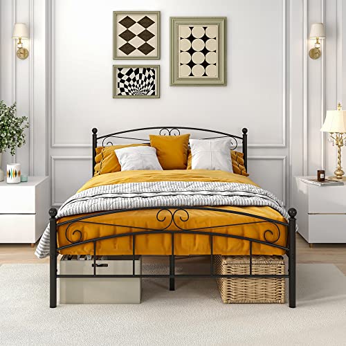 JURMERRY Marco de Cama Doble con cabecero y Estribo de Metal, Plataforma de Cama de Acero de Estilo Moderno, somier de Listones Resistentes, no Necesita somier, Color Negro