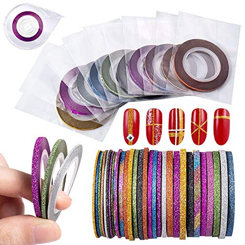 Vanchief 30Pcs Nail Striping Tape Line,Multicolor Glitter Matte Texture 3 Specifications Nail Art Decoration Sticker With One Pieces Nail Tape Dispensers DIY Nail Tip