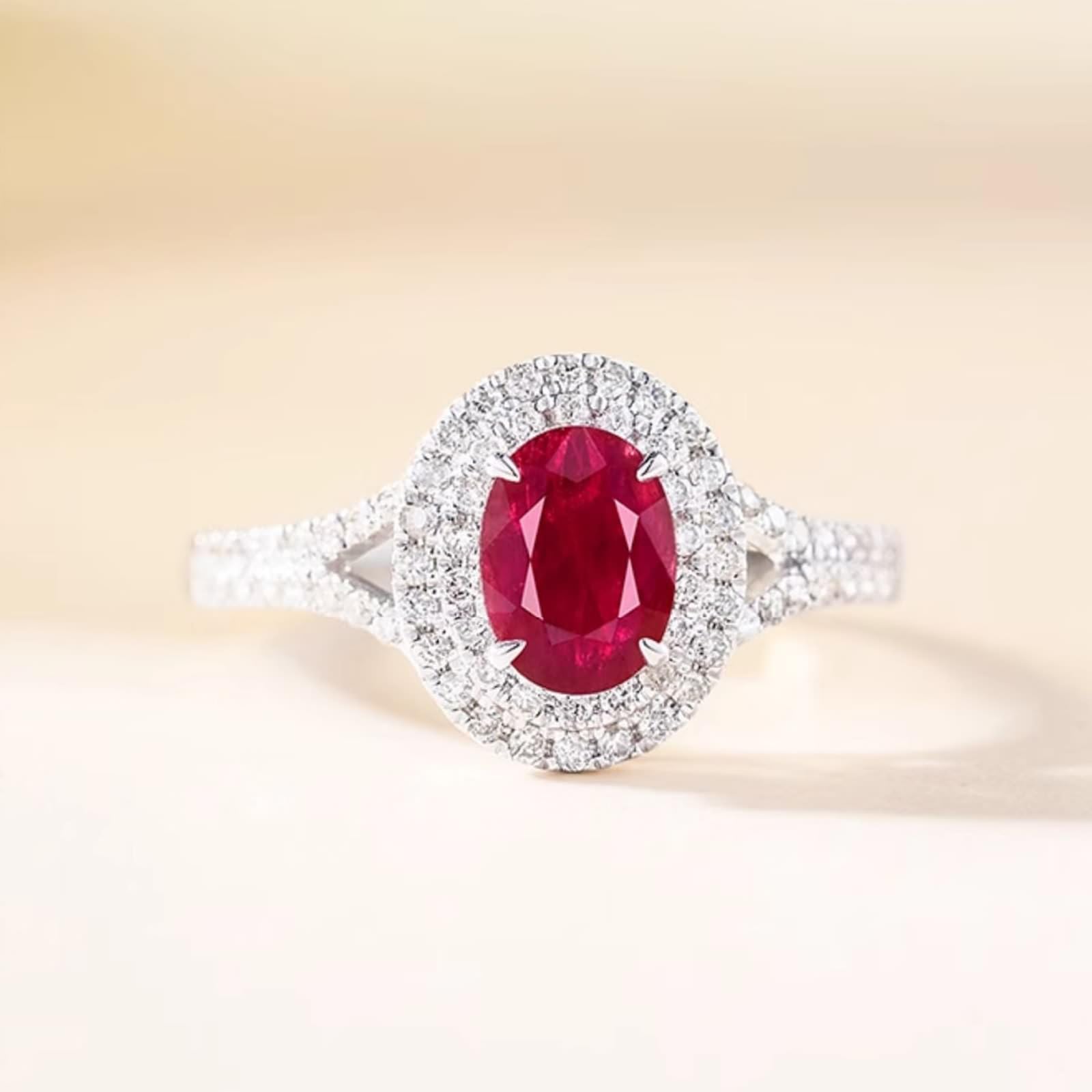 Verlobungsring 9K/14K/18K Weißgold, Rot 0.8ct Rubin Klassiker Solitärring Ovalschliff, Echt Gold Schmuck Moissanit Trauringe Gold 750/585/ 375, Gr.47-70