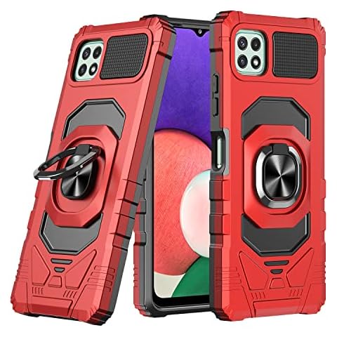 6goodeals for T-Mobile REVVL 7 Pro 5G Phone Case with Tempered Glass Screen Protector, Military Grade Heavy Duty Shockproof Protective Cover, with Ring Kickstand (Red) Cover
