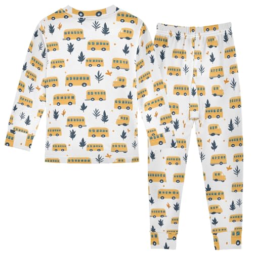 Cute Simple Bus Tree Pattern Cute Pajama Sets Long Sleeve Top and Pants, Snug Fit Sleepwear for Night Wears2