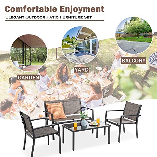Image of Vongrasig 4-Piece Modern Metal Textilene Patio Furniture Set - Small, Taupe with Loveseat & Glass Table for Lawn, Garden, Porch, Balcony, Backyard (Taupe)
