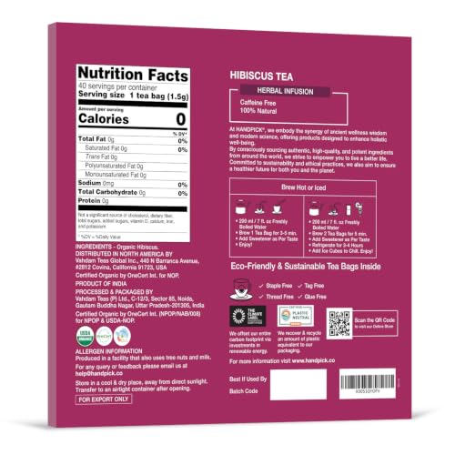 Image of HANDPICK Organic Hibiscus Tea (40 Tea Bags) Pure Indian Hibiscus Flowers