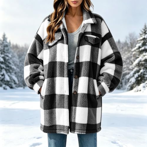 FPMLUXLL Womens Plaid Sherpa Fleece Jacket Winter Button Down Fuzzy Shacket - image 2