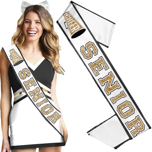 Gold Cheer Senior Sash - PREMIUM GRADE SATIN White Sashes - Cheerleader Squad Party Supplies
