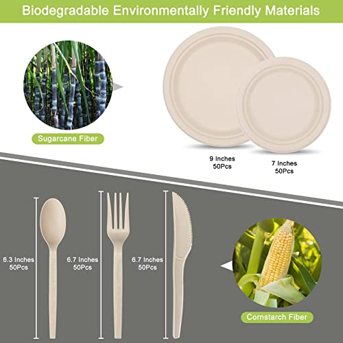 250 Piece Compostable Paper Plates Set with Extra Long Utensils, Sugarcane Fibers Disposable Dinnerware Set, Eco Friendly Biodegradable Plates, Spoons, Forks and Knives for Party, Camping, Picnic