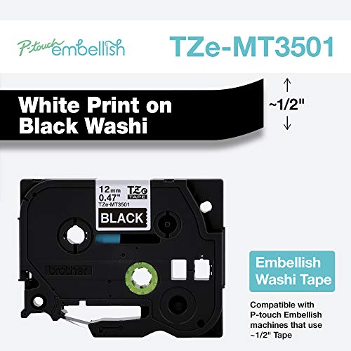 Image of Brother P-Touch Embellish White Print on Black Washi Tape TZeMT3501 - ~~ inch Wide x 13.1' Long for use with P-Touch Embellish Ribbon & Tape Printer