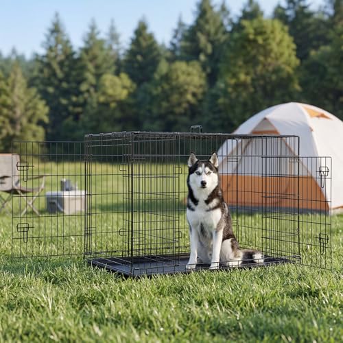 Image of Sweetcrispy Dog Crate 48 Inch, Medium Large Dog Cage, Foldable Pet Kennel | Double Door, Metal Kennel, Secure Lock, Removable Tray, Indoor Outdoor Training Travel