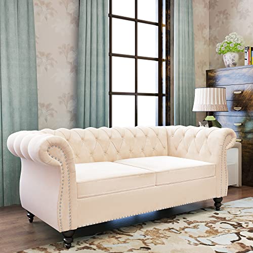 Image of ORRD 2 Piece Living Room Set, Velvet Chesterfield Sofa Loveseat Couch Chair with Scroll Arms and Nailhead for Living Room, Office (Beige)