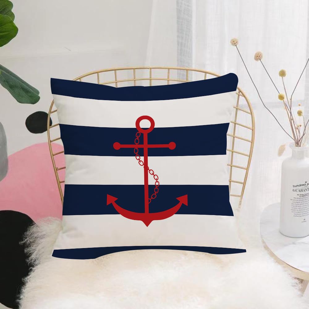Hyosxw L Red Anchor Navy Blue And White Stripe Patt - A8 Cushion Cover,Throw Pillow Case Home Decorative For Living Room Bedroom Sofa Chair 18X18 Inch,L Red Anchor Navy Blue And White Stripe Pattern Printed,Pillowcase 45X45cm