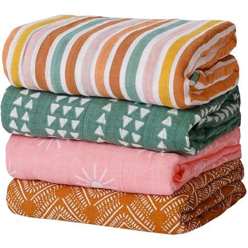 Image of CoolaPeach 4 Set Muslin Swaddle Blankets for Newborn Baby Boys, Girls,Receiving Blankets-Cute Soft Print Baby Towel Wrap 120x110cm Baby(Leaf)