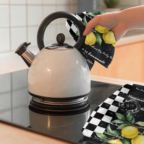 Image of Kitchen Towels Yellow Lemon Dish Cloths Black White Buffalo Check Plaid Dish Towel Cleaning Cloth Ultra Soft Absorbent Quick Drying 3 Pack Hand Towels for Kitchen, Bathroom