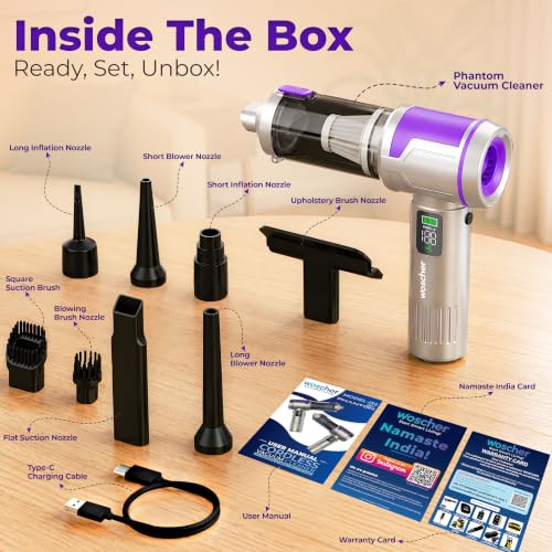 Image of WOSCHER Phantom i32 Vacuum Cleaner for Home Use|Car Use|4 in 1 Cordless Vacuum Cleaner & Blower|Rechargeable 3x2000mAh|3 Speed Suction Upto 20000PA|BLDC Motor|Clean Sofa, Curtains|1 Year Warranty
