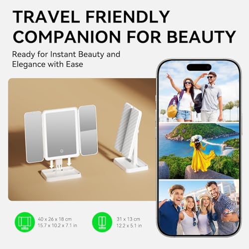 Image of KREZON Portable Folding Makeup Mirror with Storage Compartments and Led Light for Girls Women at Home, Trifold Vanity Mirror with Lights Dressing Table Tabletop
