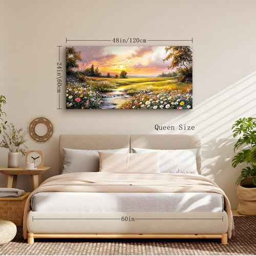 crmotu Country Landscape Wall Art, Riverside Wildflower Daisy Large Artwork, Vibrant Rural Canvas Art Prints, Sunset Aesthetic Rustic Farmhouse Wall Decor Living Room Bedroom Dining Room 24X48 In