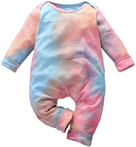 Baby Girl Boy Fall Clothes Outfits,Tie Dye Long Sleeve Romper Jumpsuit Baby Ribbed Bodysuit One Piece Pajamas (18-24 Months,Ba-Pink&Blue)