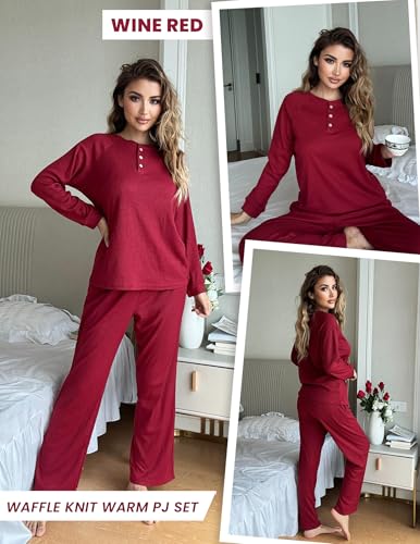 Image of Ekouaer Waffle Knit Pajamas for Women Set Long Sleeve Pants Pj Henley Tops Lounge Sets Comfy Sleepwear with Pockets