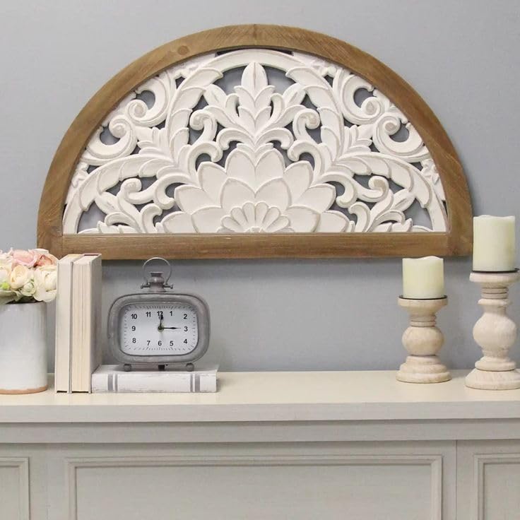 Image of Decor Delights Wall panel Floral MDF Wall Decoration Panel, Hanging Wood Carving Wall Decoration Panel for Living Room, Bedroom, Hallway, Office Wooden Wall Hanging Plaque, Wood Carving (Arched Half)