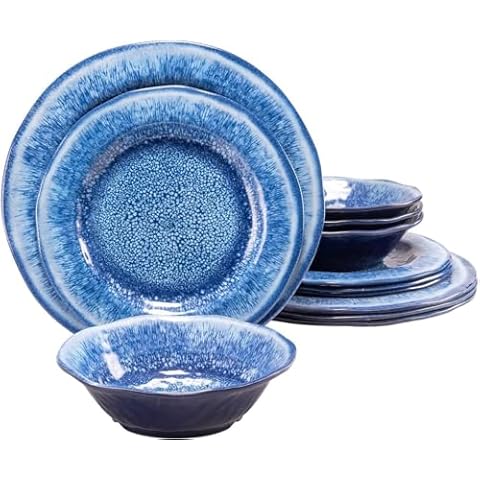 2 Topmela Melamine Dinnerware Set Blue Melamine Plates and bowls Sets Cover