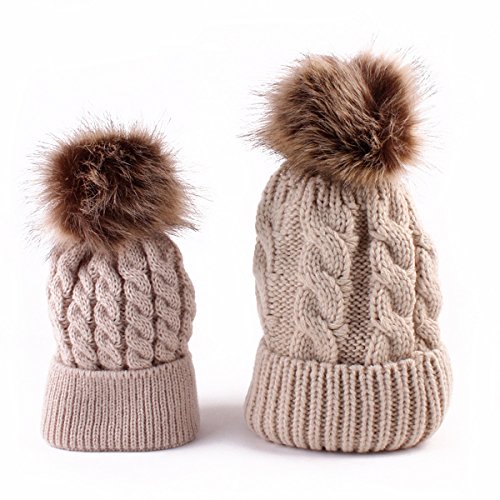 oenbopo Parent-Child Khaki Hat Warmer 2Pcs Women Mother Child Baby Warm Winter Knit Beanie Fur Pom Hat Crochet Ski Cap
