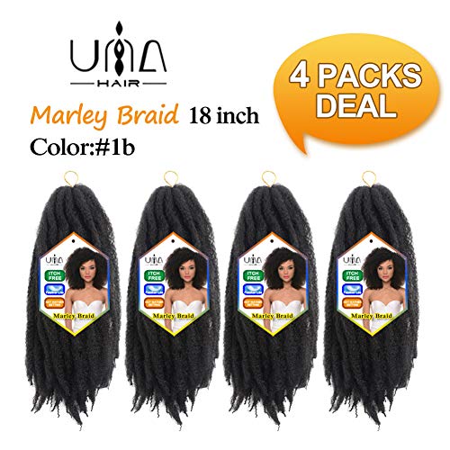 UNA 18 Inch 4packs Marley Hair For Twists Long Afro Marley Braid Hair Pure Kanekalon Synthetic Fiber Kinky Twist Hair Crochet Braids (4-Piece, 1B)