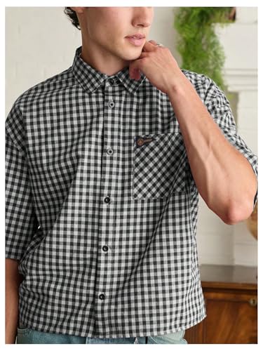 SHENHE Men's Plaid Button Down Short Sleeve Shirt Loose Fit Casual Shirt with Chest Pocket4