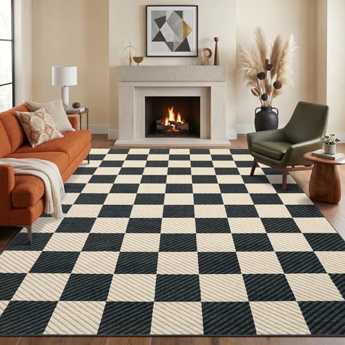 Image of Garvee 5x7 Black and Brown Checkered Rug for Living Room, Washable Rugs 5x7 Non Slip Soft Low Pile Geometric Print Plaid Area Rug for Dining Room Bedroom Nursery Office Playroom Carpet