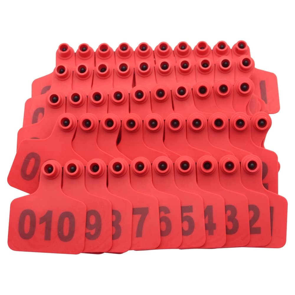 Lot de 100 étiquettes d'oreilles pour bovins, chèvres, moutons (rouge)