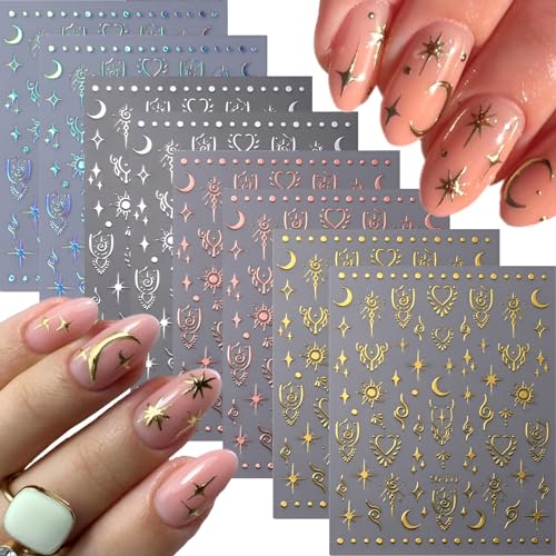 Moon Star Nail Art Stickers Decals 3D Self-Adhesive Holographic Star Moon Nail Decals Aurora Silver Gold Star Nail Stickers Nail Art Designs Nail Supplies for Women Girls Mnicure Decoration 8 Sheets
