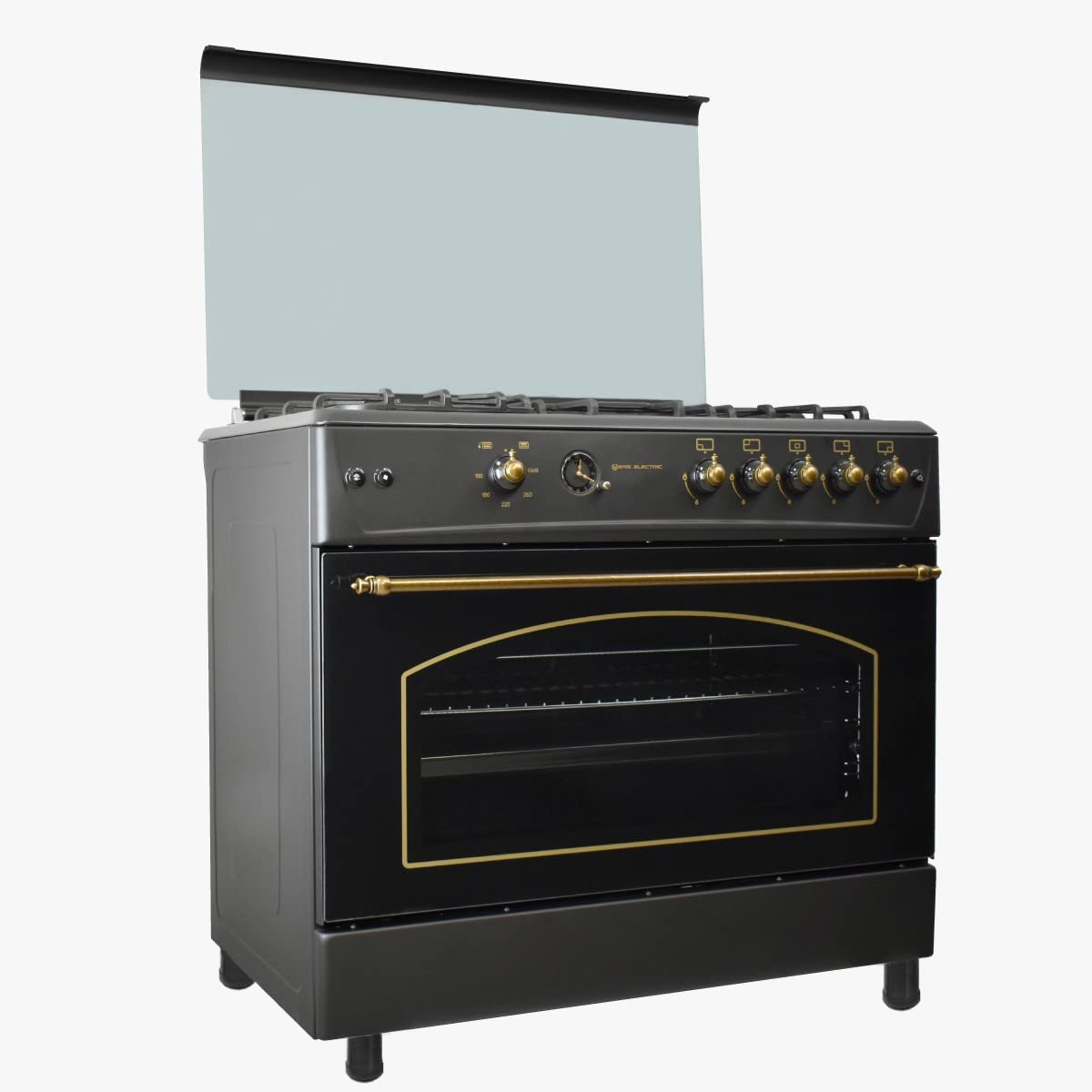 EAS ELECTRIC SMART TECHNOLOGY | EFG9H60N| Cocina de gas Negra | Color Negro | 90 cm | Gas butano y gas natural | Autoencendido | Horno 122 l | Tapa de cristal y aluminio | Válvula FFD | 5 fuegos