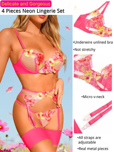 Kaei&Shi Floral Embroidered, Underwire, G-String, Garter Belt, 4 Pieces Lingerie2