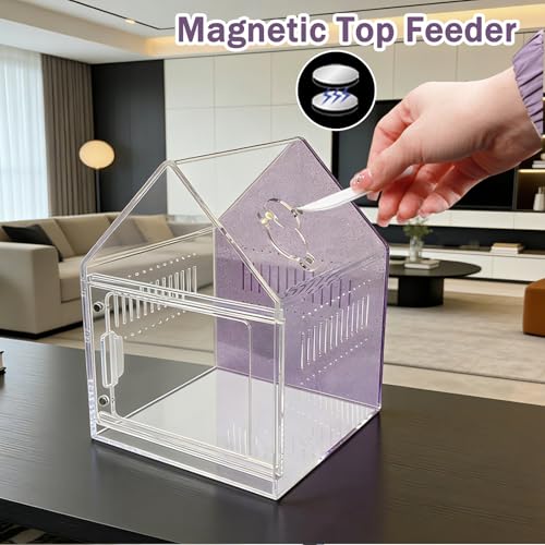 Image of Magnetic Acrylic Spider Enclosure 5.3x5.3x7.3 Inch, House Shape Terrarium with Sparkling Purple Background for Jumping Spiders, Tarantula Slings & Mantis, Escape-Proof Habitat with Ventilation