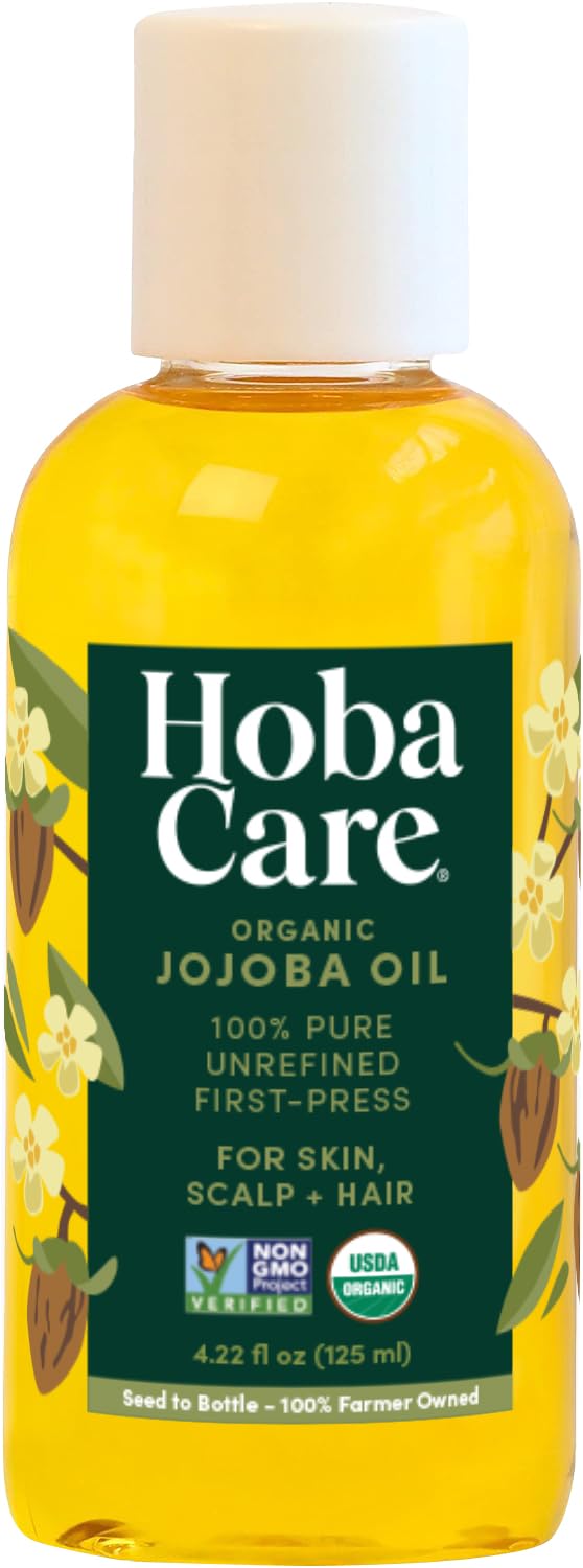 HobaCare Organic Unrefined Jojoba Oil for Nails, Cuticles, Dry Skin, Beard, Scalp Massage – Mini Travel Size 100% Pure Hexane Free Natural Carrier Oil for Skincare, Hair, Shaving Aftercare (4.22 oz)